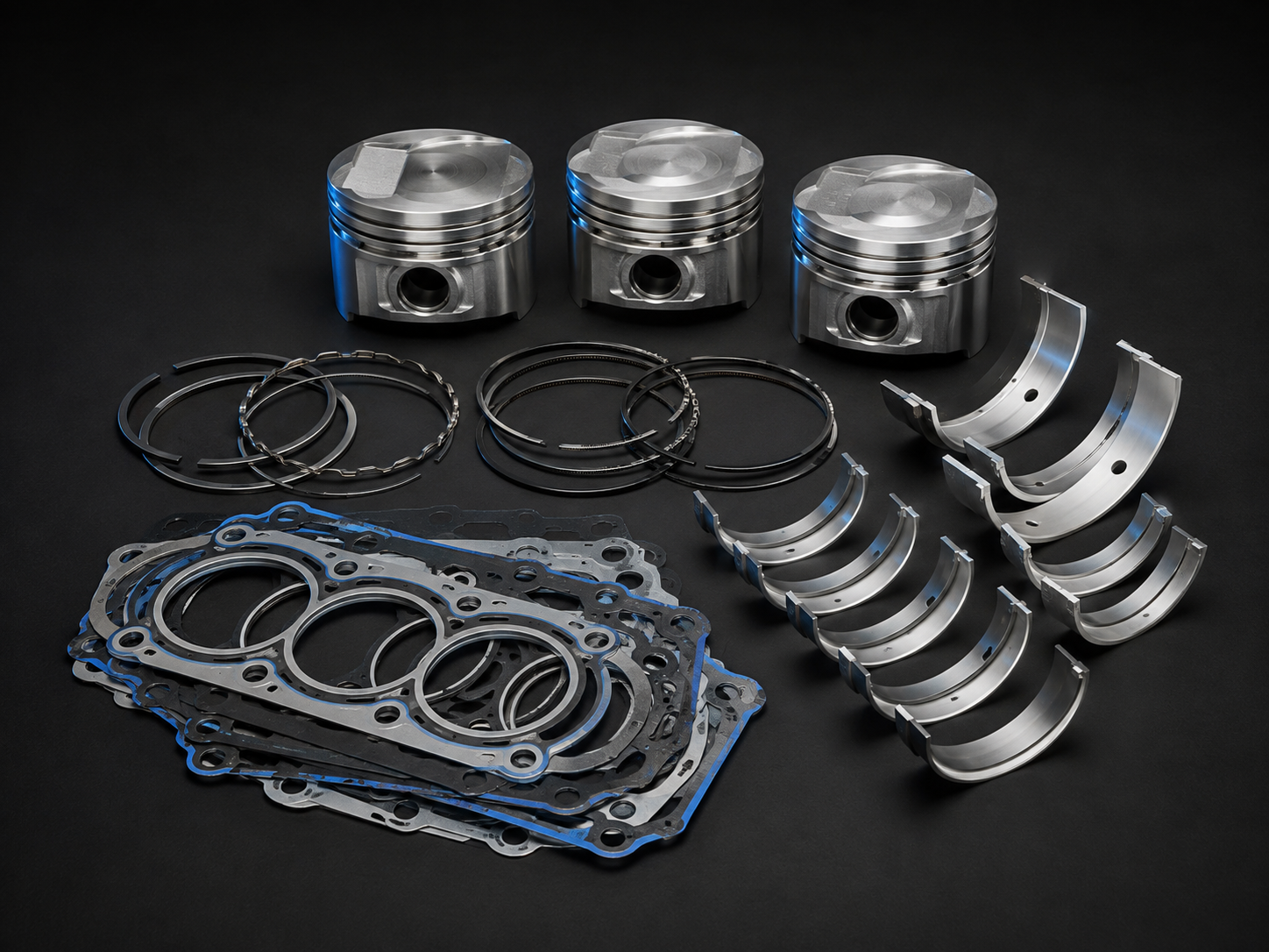 Engine rebuild components including pistons, bearing shells, piston rings and gaskets